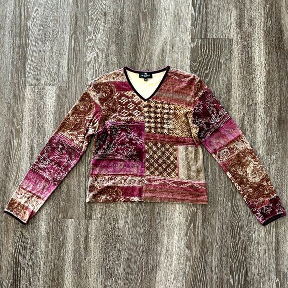 Vintage Etro Milano 1990s Patchwork Velvet Long Sleeve Top Baroque Boho Sz 10 M - Picture 1 of 11